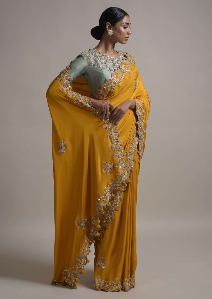 Mustard Saree In Satin Silk With Bud Embroidery And Mirror Work Online - Kalki Fashion