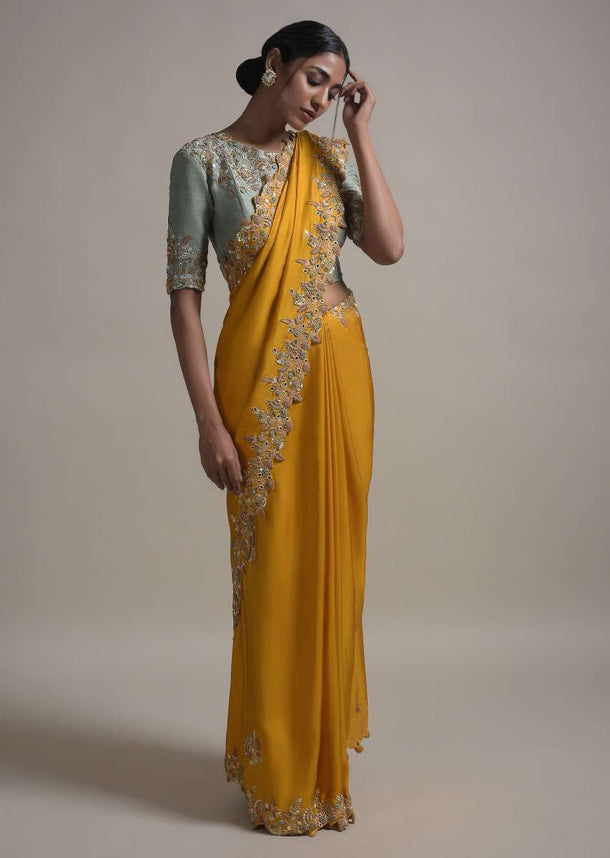 Mustard Saree In Satin Silk With Bud Embroidery And Mirror Work Online - Kalki Fashion