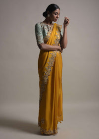 Mustard Saree In Satin Silk With Bud Embroidery And Mirror Work Online - Kalki Fashion