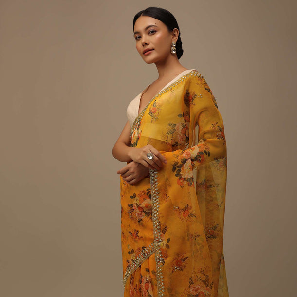 Orange Cutdana Embroidered Saree In Organza With Floral Print