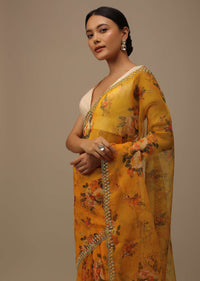 Orange Cutdana Embroidered Saree In Organza With Floral Print