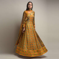 Mustard Yellow Anarkali Suit In Silk With Patola Print And Beads Embroidered Patchwork Detailing Online - Kalki Fashion