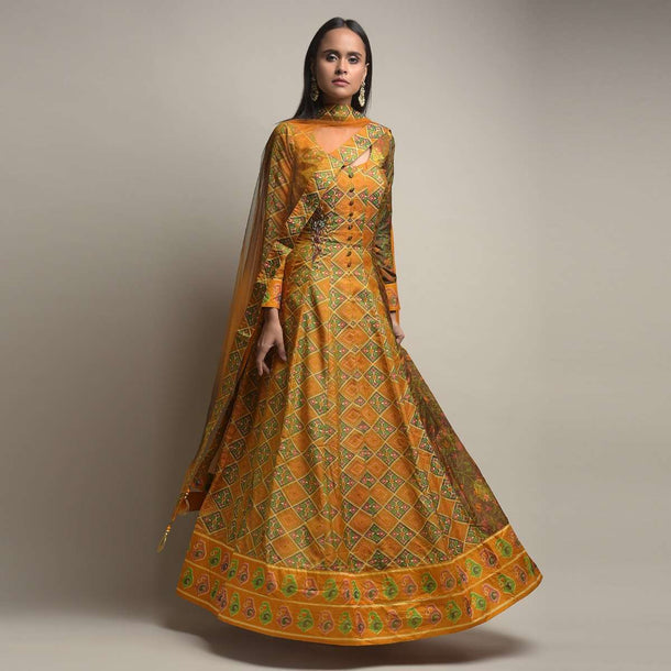 Mustard Yellow Anarkali Suit In Silk With Patola Print And Beads Embroidered Patchwork Detailing Online - Kalki Fashion