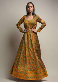 Mustard Yellow Anarkali Suit In Silk With Patola Print And Beads Embroidered Patchwork Detailing Online - Kalki Fashion