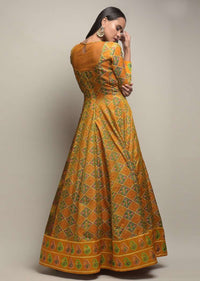 Mustard Yellow Anarkali Suit In Silk With Patola Print And Beads Embroidered Patchwork Detailing Online - Kalki Fashion