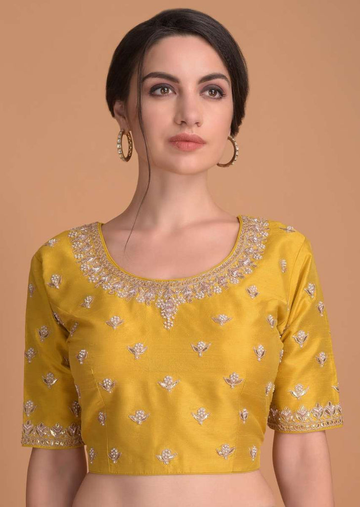 Mustard Yellow Blouse In Raw Silk With Gotta Patch Embroidery And Floral Buttis Online - Kalki Fashion