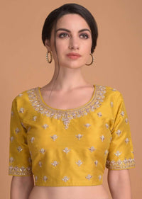 Mustard Yellow Blouse In Raw Silk With Gotta Patch Embroidery And Floral Buttis Online - Kalki Fashion