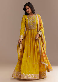 Mustard Yellow Chiffon Zardosi Anarkali Set