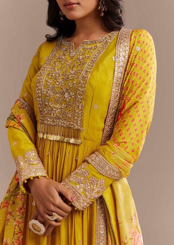 Mustard Yellow Chiffon Zardosi Anarkali Set