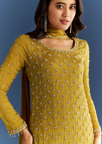 Mustard Yellow Chinon Kurta With Sharara And Dupatta