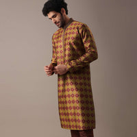 Mustard Yellow Embroidered Kurta Set in Jacquard