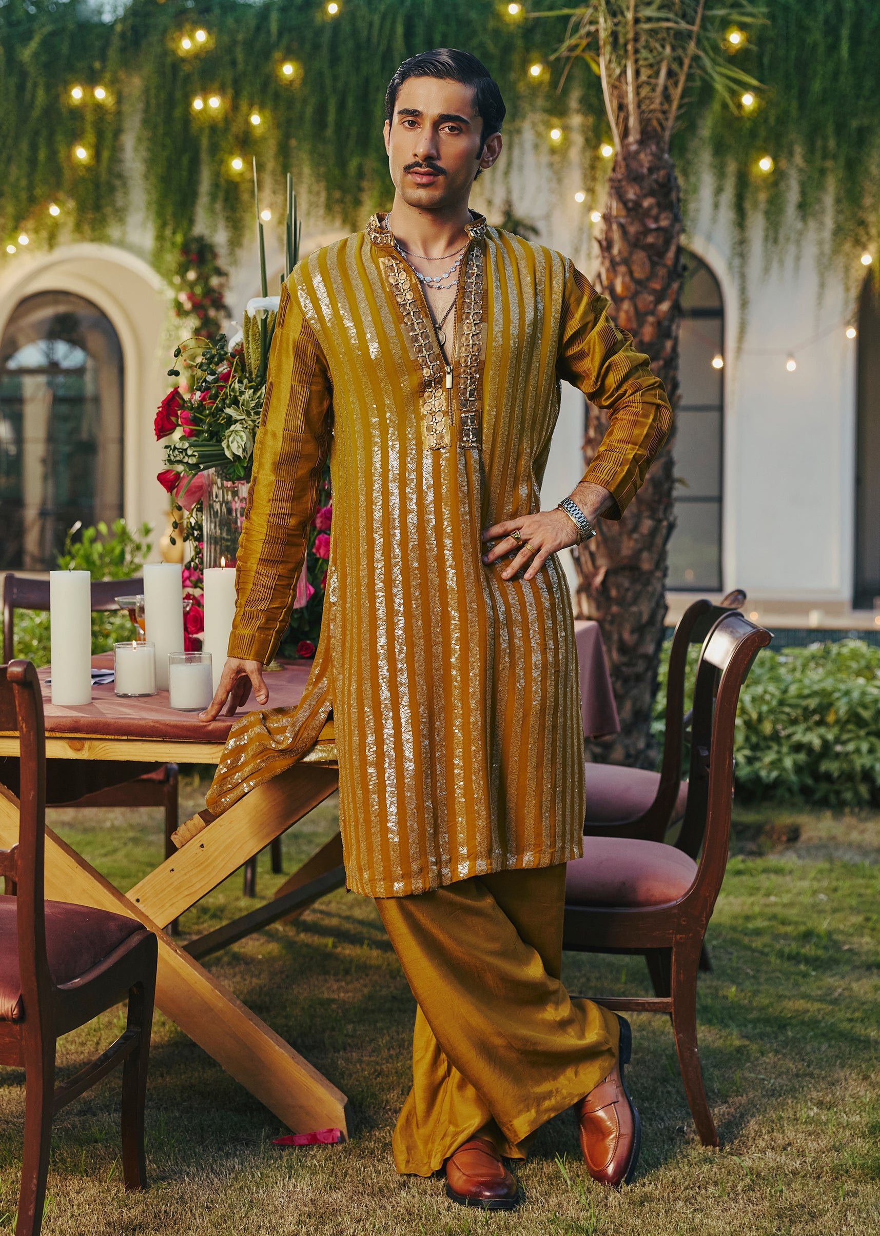 Mustard Yellow Georgette Kurta Set With Sequin Stripes