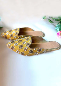 Mustard Yellow Mules With Maroon Swarovski And Moti Detailing By Sole House