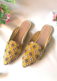 Mustard Yellow Mules With Maroon Swarovski And Moti Detailing By Sole House