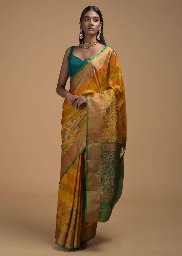 Mustard Yellow Pure Handloom Saree In Tussar Silk With Stripes And Woven Floral Border Online - Kalki Fashion