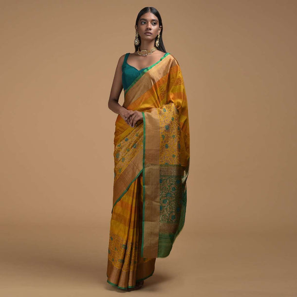 Mustard Yellow Pure Handloom Saree In Tussar Silk With Stripes And Woven Floral Border Online - Kalki Fashion