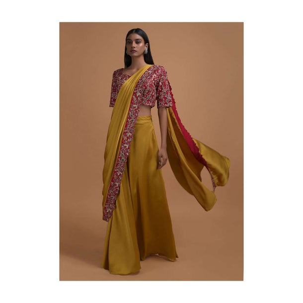 Mustard Yellow Ready Pleated Saree In Milano Satin With Red Embellished Blouse Online - Kalki Fashion