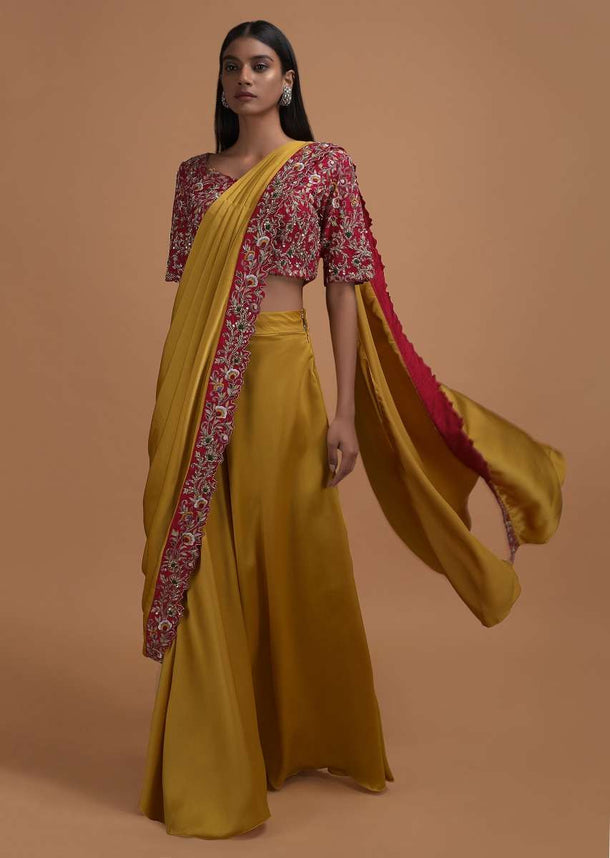 Mustard Yellow Ready Pleated Saree In Milano Satin With Red Embellished Blouse Online - Kalki Fashion