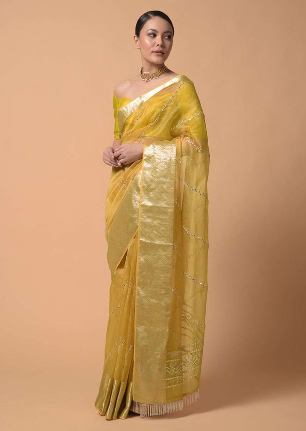 Mustard Yellow Saree In Organza With Zardosi And Mirror Embroidered Striped Design Online - Kalki Fashion