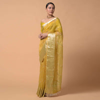 Mustard Yellow Saree In Organza With Zardosi And Mirror Embroidered Striped Design Online - Kalki Fashion