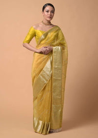 Mustard Yellow Saree In Organza With Zardosi And Mirror Embroidered Striped Design Online - Kalki Fashion