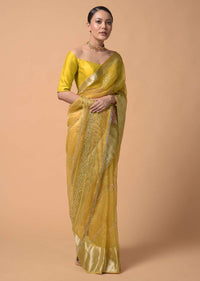 Mustard Yellow Saree In Organza With Zardosi And Mirror Embroidered Striped Design Online - Kalki Fashion