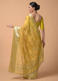 Mustard Yellow Saree In Organza With Zardosi And Mirror Embroidered Striped Design Online - Kalki Fashion