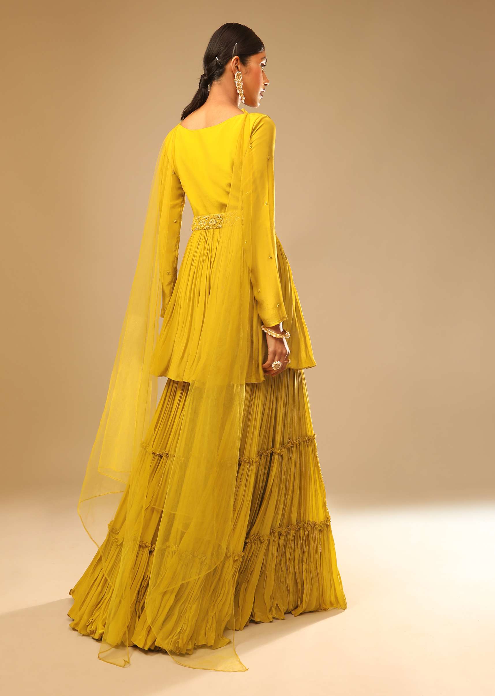 Mustard Yellow Sharara Suit In Crepe With A Flared Kurti Adorned In 3D Embroidery Along With A Belt