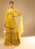 Mustard Yellow Sharara Suit In Crepe With A Flared Kurti Adorned In 3D Embroidery Along With A Belt