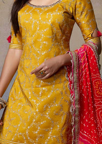 Mustard Yellow Sharara Suit With Pink And Red Shaded Bandhani Dupatta