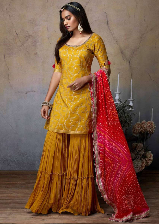 Mustard Yellow Sharara Suit With Pink And Red Shaded Bandhani Dupatta