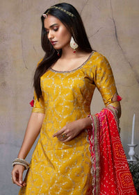 Mustard Yellow Sharara Suit With Pink And Red Shaded Bandhani Dupatta