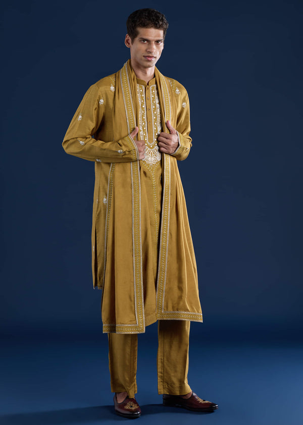 Mustard Yellow Hand Embroidered Kurta Set With Dupatta