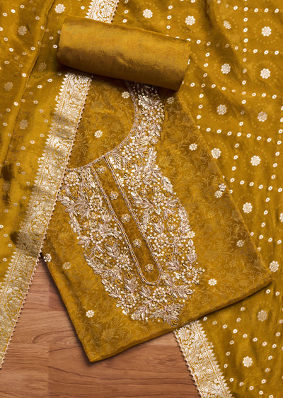 Mustard Yellow Tissue Embroidered Unstitched Suit Set