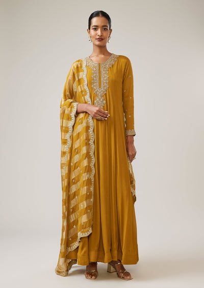 Mustard Yellow Zardozi Chinon Anarkali