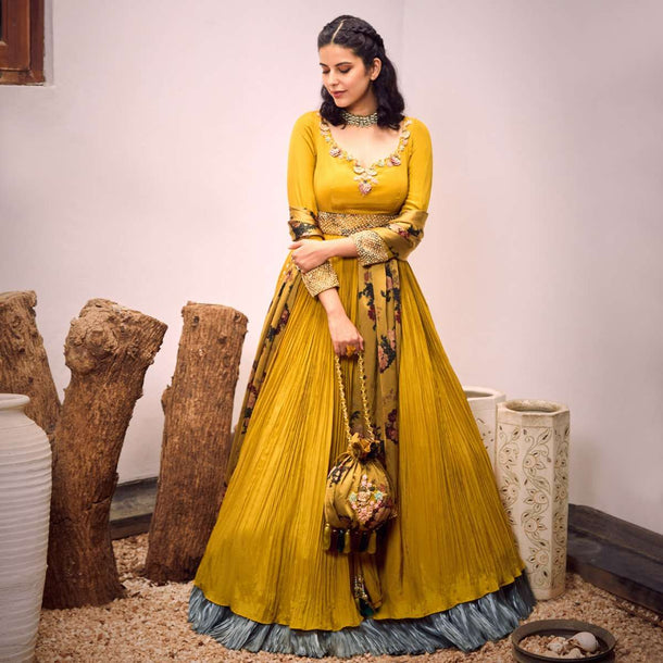 Mustard Anarkali Suit In Crepe With Hand Embroidered Plunging Neckline, Moti Belt And Floral Printed Satin Dupatta