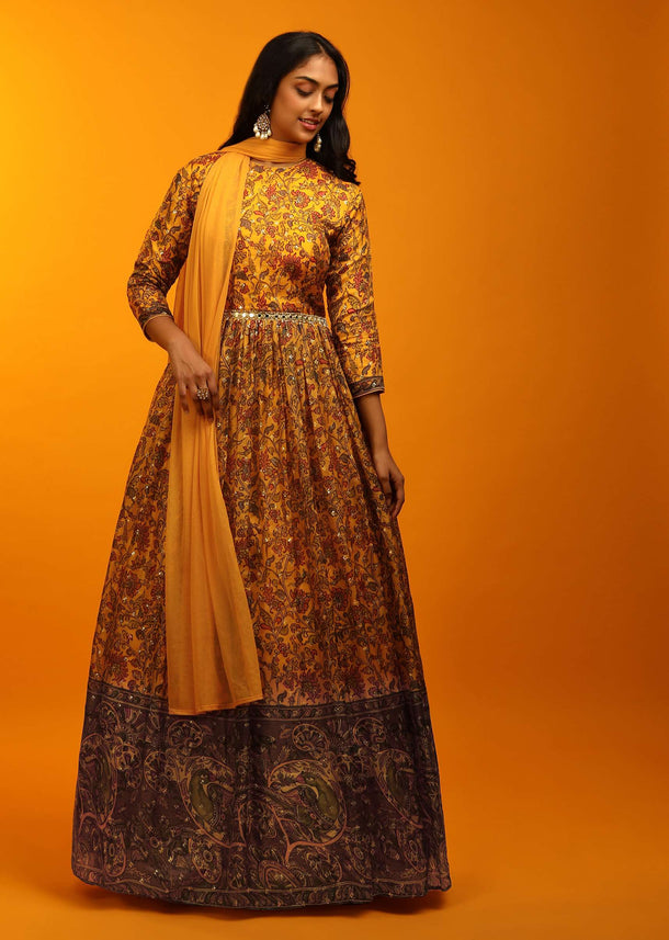 Mustard Anarkali Suit With Floral And Peacock Print And Mirror Embroidered Waistline