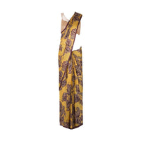 Mustard and brown saree in satin with floral and paisley print only on Kalki