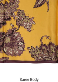 Mustard and brown saree in satin with floral and paisley print only on Kalki