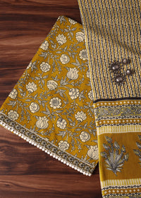 Mustard Cotton Kalamkari Printed Unstitched Dress Material