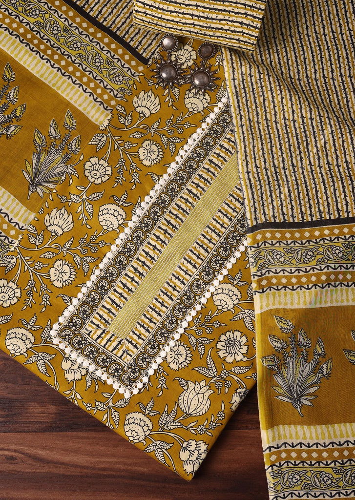 Mustard Cotton Kalamkari Printed Unstitched Dress Material