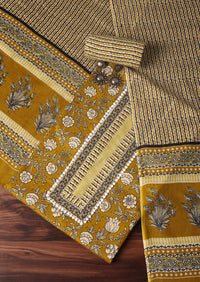Mustard Cotton Kalamkari Printed Unstitched Dress Material