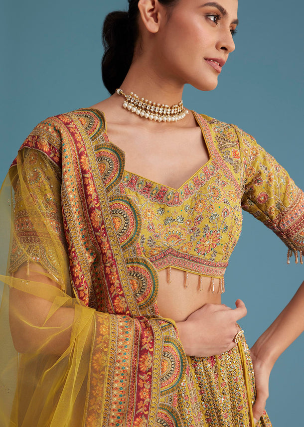 Mustard Crepe Lehenga Set With Floral Motif And Embroidery