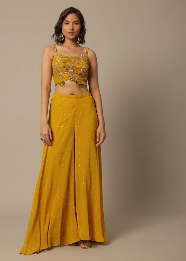 Mustard Crop Top Set With Embroidered Palazzo Pants