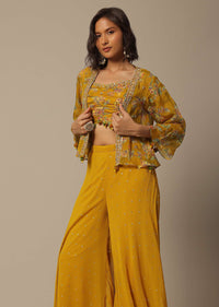Mustard Crop Top Set With Embroidered Palazzo Pants