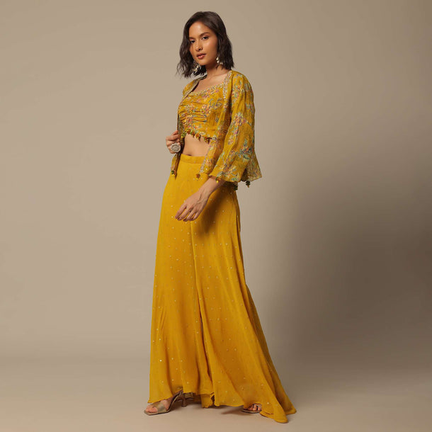 Mustard Crop Top Set With Embroidered Palazzo Pants