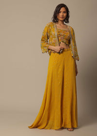 Mustard Crop Top Set With Embroidered Palazzo Pants