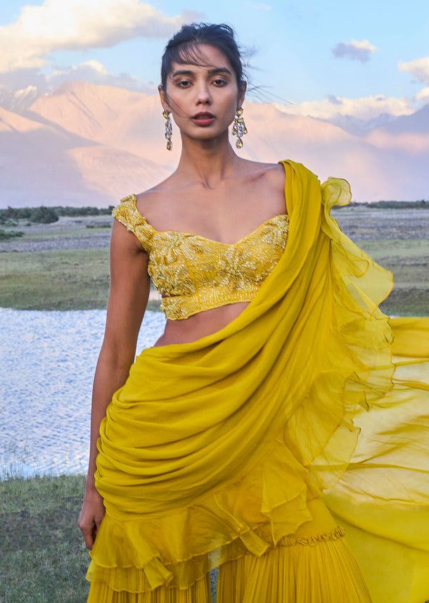 Mustard Georgette Pre Draped Sharara With Embroidered Blouse