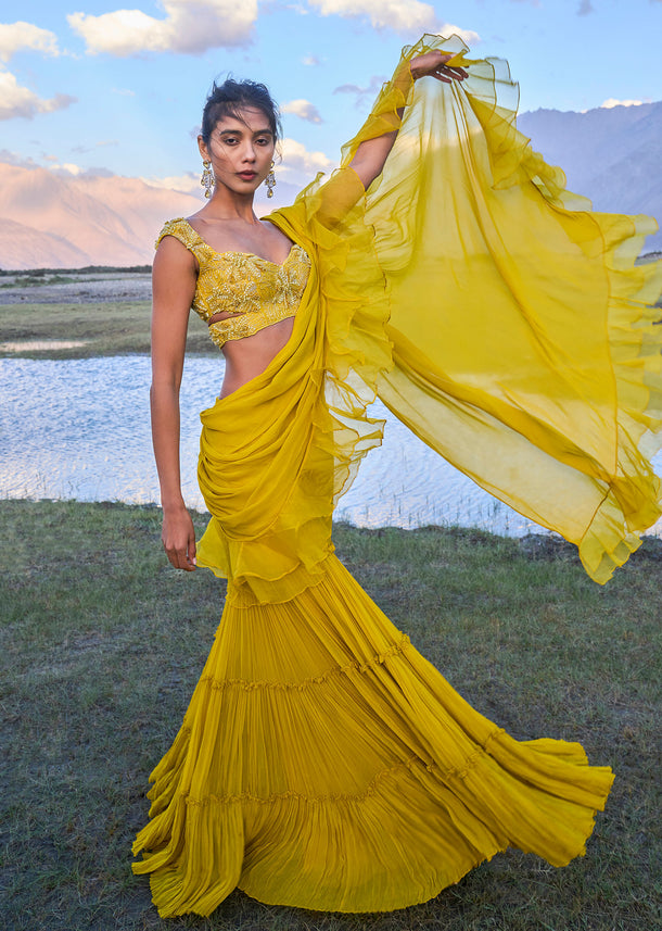 Mustard Georgette Pre Draped Sharara With Embroidered Blouse