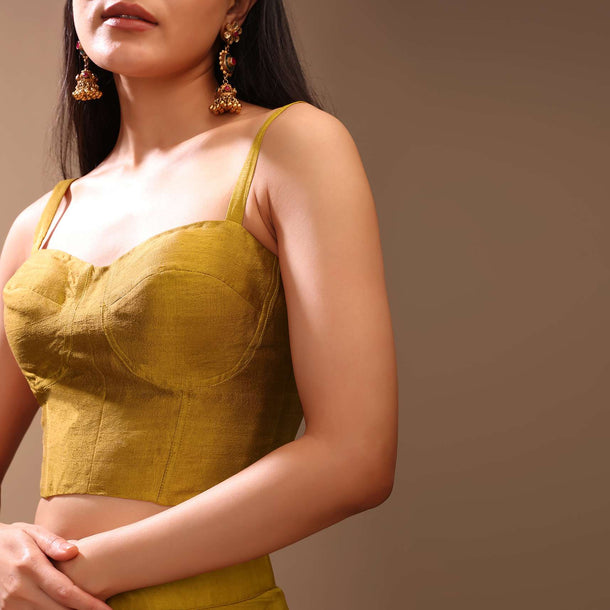 Mustard Gold Corset Top In Raw Silk With Strap Sleeves And Boning Detailing